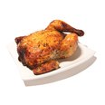 Whole roasted Tuscan chicken on a serving plate, seasoned and ready to eat as a prepared meal or dinner entrée.